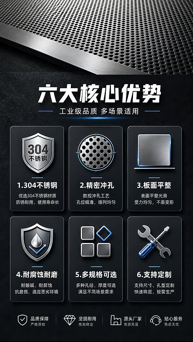 [商品] 使用【图1】304不锈钢冲孔网板局部；保留圆孔形状、排列规律和金属质感，作为页面顶部产品展示条。
[画面] 目标：核心卖点总览，6大卖点一目了然。构图：顶部产品横条展示，下方2行3列共6个icon卖点卡均匀分布。景别：顶部产品条为局部特写，主体为信息卡排版。前中后景：顶部产品条为前景，中间卖点卡为中景，深色背景为后景。场景：深色工业风背景，突出信息卡片。
[视觉] 套系策略：风格=工业风专业商业摄影；标题字=粗黑无衬线工业字体；正文字=简洁无衬线体；主色=深炭灰+金属银灰；背景延展=深灰到炭黑渐变，带细微金属颗粒纹理；强调色=科技蓝，仅用于小面积图标、引线和标签；标题色=纯白；正文色=浅银灰；组件=深色半透明信息卡、细银线引线、工业风图标；光影=冷调环境光，卡片微浮起带投影。
[文字] 顶部主标题「六大核心优势」，副标题「工业级品质 多场景适用」。6个卖点卡分别配图标和文字：1.304不锈钢 2.精密冲孔 3.板面平整 4.耐腐蚀耐磨 5.多规格可选 6.支持定制。每张卡片标题4-6字，下方小字补充说明。
[规格] 图片比例9:16竖版，4K分辨率，淘宝/天猫详情页适配，避免变形、错字、文字过小、暖色调、产品结构失真。