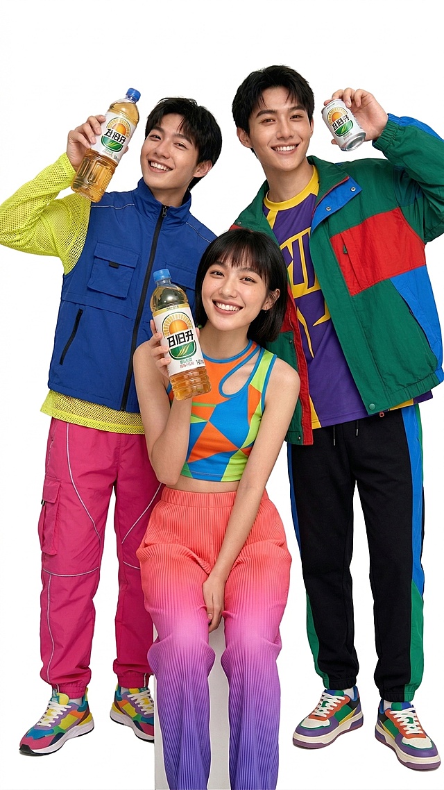 把三个人的衣服改成青春靓丽的时尚服装，颜色艳丽饱和度，