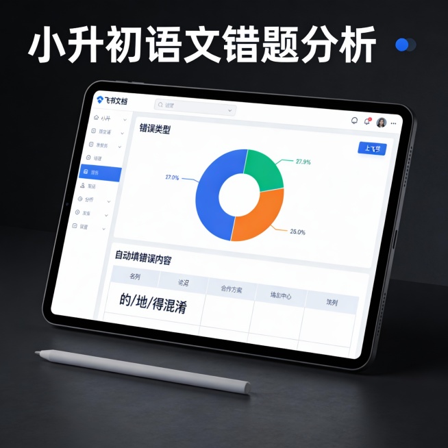 Feishu Doc interface: "小升初语文错题分析". Pie chart shows error types, table auto-fills mistakes like "的/地/预览效果
