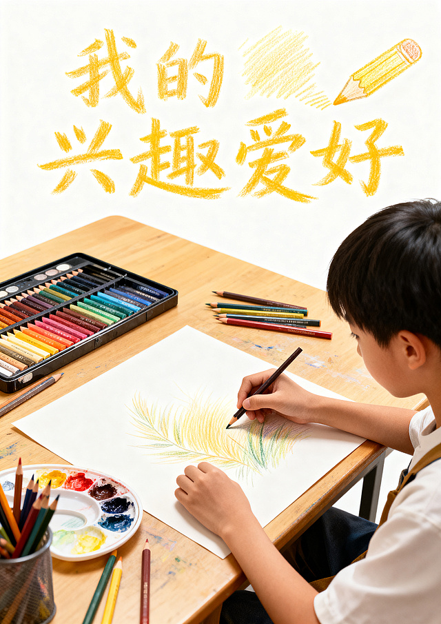六年级毕业成长纪念册内页，彩铅手绘风格，纯白色背景，手绘美术课画画场景，留出照片位置，文字“我的兴趣爱好”，艺术氛围，彩铅手绘，A4尺寸