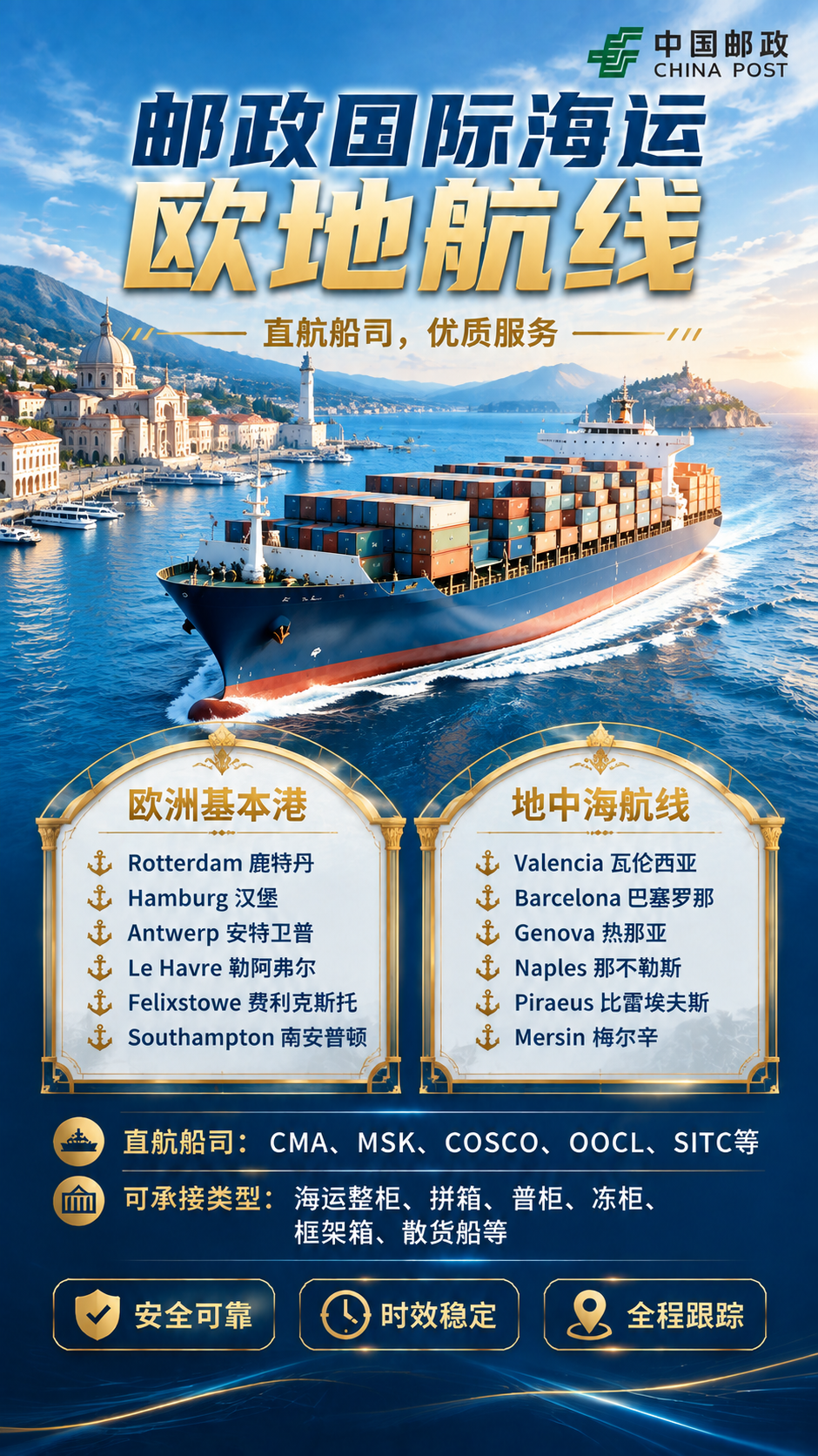 基于这张邮政国际海运欧地航线海报进行修改，具体修改如下： 1.… - 图片创意预览
