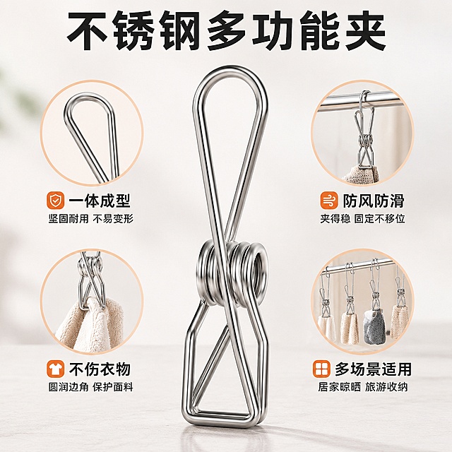 [主图-2] 挂钩款不锈钢鱼尾夹核心卖点展示。氛围风格：简约实用家居风；画质：商业摄影质感，光线柔和通透，产品清晰真实，画面干净高级；元素：挂钩款不锈钢鱼尾夹居中放置，周围环绕四个核心卖点场景图标，分别展示一体成型结构、防风防滑夹持、不伤衣物悬挂、多场景使用。保持产品外观结构和材质颜色与原图一致，杜绝变形色差。商品主体占比约70%，画面干净不杂乱；光影：均匀柔光，金属细节清晰，整体明亮通透；配色：浅灰白色背景，卖点图标用浅橙色点缀，清爽干净；视角构图：平视居中，整体构图均衡；文字版式：顶部大字文案"不锈钢多功能夹"，黑色粗体居中；每个卖点图标旁配简短说明文字，分别是一体成型、防风防滑、不伤衣物、多场景适用，文字大小适中，颜色对比清晰，不遮挡产品主体；比例分辨率：1:1比例，4k分辨率，文字清晰可辨，超高清；负向提示词：变形，文字错乱，产品图模糊，背景杂乱，水印，电商平台Logo，绝对化违禁词