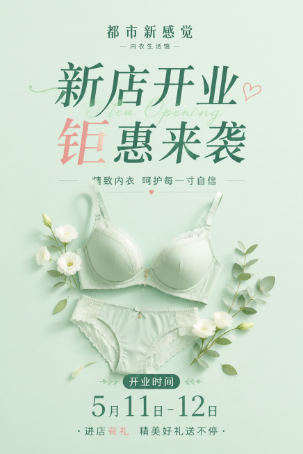 内衣店开业宣传海报，店名：都市新感觉，主题文字：新店开业 钜惠来袭，开业时间：5月11日-12日，整体风格小清新，纯色背景，高级质感预览效果