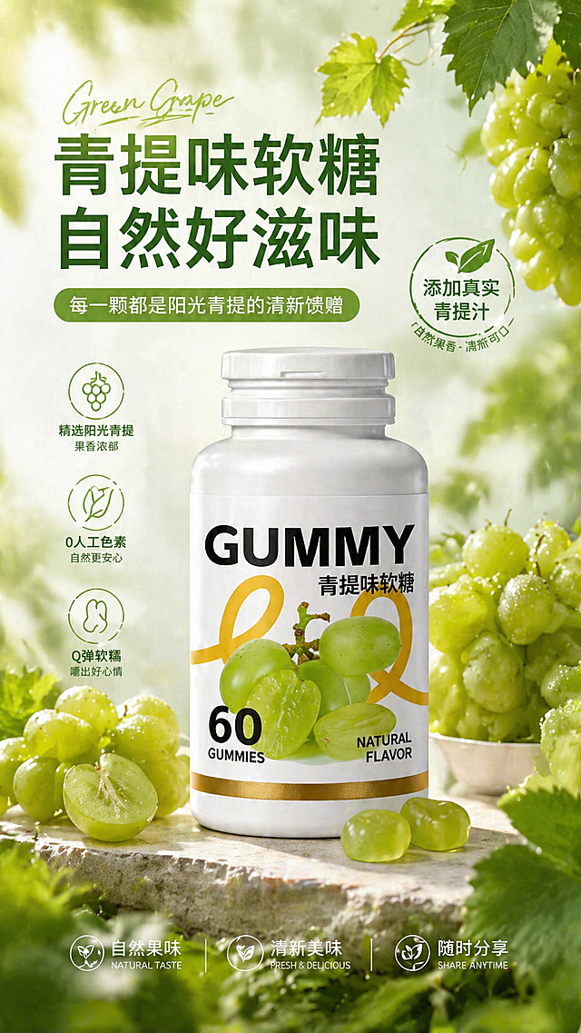 为这款青提味软糖产品设计一幅竖版电商宣传海报，保持产品主体完整，搭配清新自然的青提元素背景，整体风格干净清爽有食欲，突出产品天然青提风味的卖点