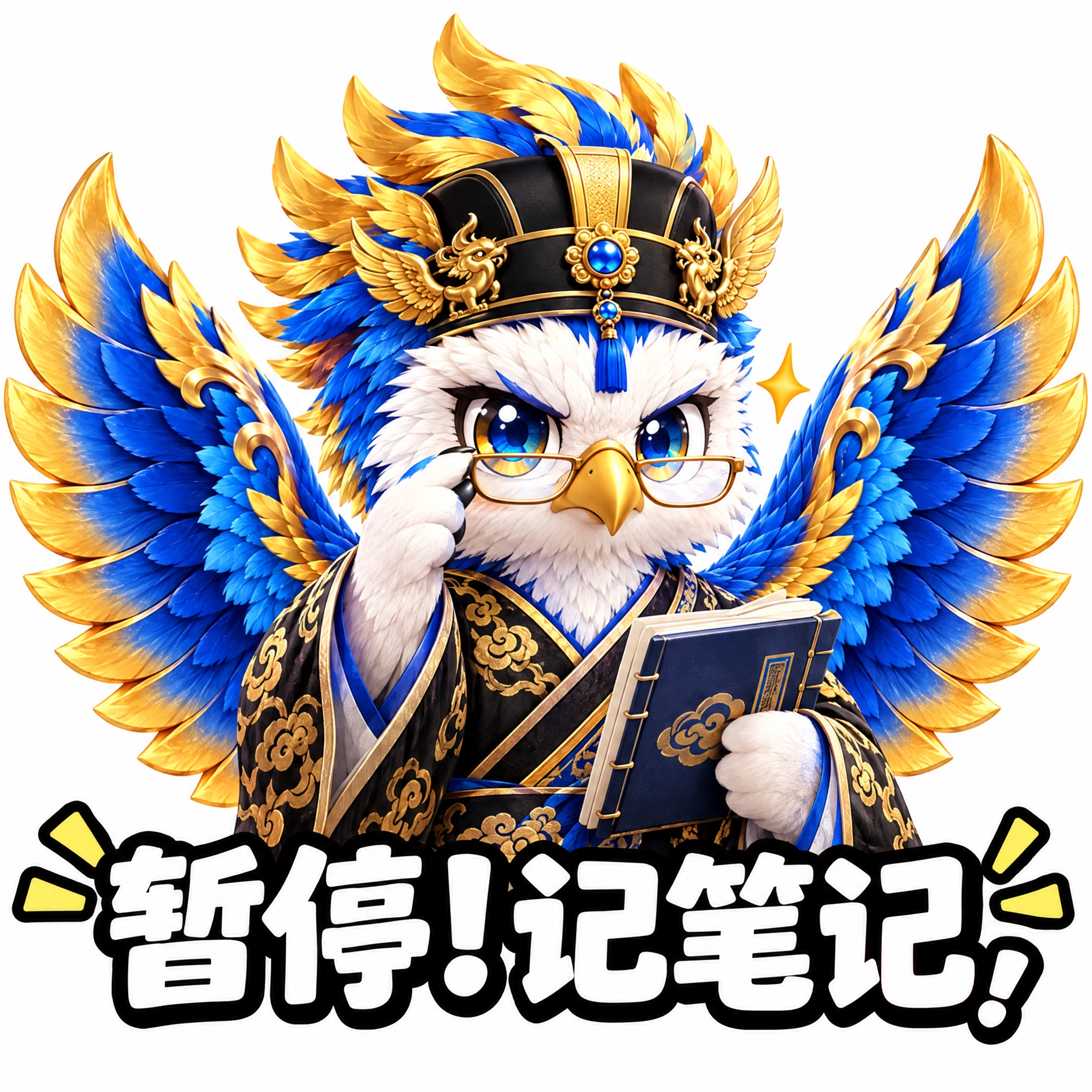 参考图中的蓝金鹰形神兽（穿黑金汉服、展翅），做成可爱表情包风格… - 图片创意预览