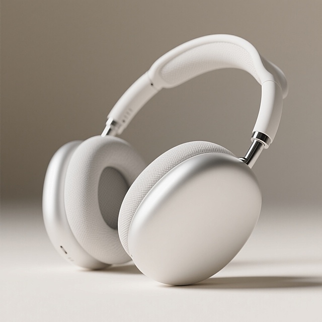 一副设计简约现代的头戴式耳机，主体为纯净的白色，耳罩外侧为光滑的白色圆形面板，头梁和耳罩内侧为浅灰色的柔软透气记忆棉材质，整体呈现出光滑细腻的哑光质感，置于简洁干净的浅色背景上，采用45度角倾斜的产品摄影构图，光线柔和均匀地照亮耳机表面，展现出清晰的结构线条和微妙的光影过渡，突出耳机的流线型轮廓和舒适的佩戴设计感，高品质产品渲染图，细节清晰，立体感强，简约而不失高级感。