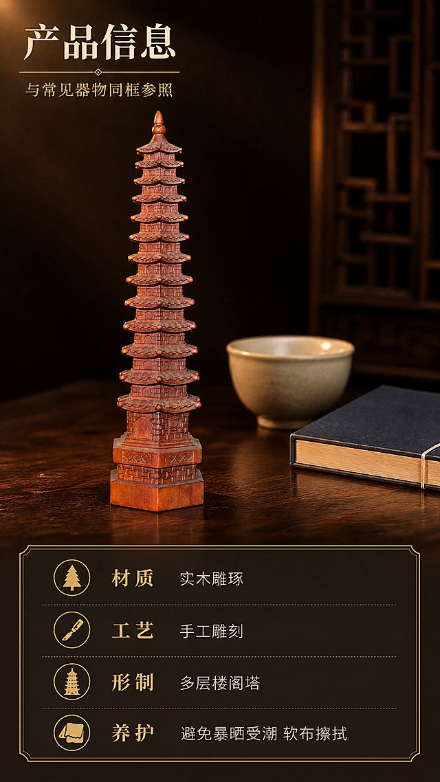 [商品] 使用【图1】【图4】实拍图为产品依据：深红棕木色木雕文昌塔，多层楼阁式、层层出檐、层身门窗与斗拱雕饰、六角须弥座、顶部塔刹宝顶。保留结构、层数、底座形制、材质颜色与雕刻细节，仅清理实拍中的灰色衬布与黑底环境、优化光影。[画面] 页面目标：产品信息收尾页，用同框参照物体现塔的高度感并给出材质与养护信息。竖版构图：上半部（约占60%）为参照场景——塔竖直立于深胡桃木台面、完整入画不切割、占画面高度约72%，其右侧放一只素色陶瓷茶盏与一册无字线装书（书册封面与书脊完全不带任何文字、刻字、图案或图标），三者前后错落同框、比例关系清晰，共三层景深；下半部（约占40%）为信息卡区域，以暗金细边框卡 + 暗金小图标 + 横排文字形成信息层级。[视觉] 套系策略：风格=新中式深色雅致商业摄影；标题字=宋体类衬线粗体；正文字=细体无衬线；主色=深棕黑；背景延展=深棕黑渐变叠加深胡桃木质感；强调色=暗金；标题色=暖米白；正文色=浅暖灰；组件=暗金细线分隔、暗金细框信息卡与小图标；光影=左上45度暖光加侧后方轮廓光。[文字] 上半部主标题「产品信息」、副标题「与常见器物同框参照」；信息卡内四行横排文字：「材质 实木雕琢」「工艺 手工雕刻」「形制 多层楼阁塔」「养护 避免暴晒受潮 软布擦拭」，每行左侧配一个暗金小图标；全部水平横向单行，禁止竖排、旋转、单字竖列，不遮挡主体。[规格] 9:16 竖版，4K，产品保真最重要：保持产品原有结构、层数、比例与木本色；参照道具与信息卡不得带任何文字以外的图案或图标堆叠；不出现灰色衬布残留；负向：任何尺寸或重量数字、刻度尺、参数表、编造的产地或认证卖点、绝对化用语、功效类文案、竖排文字、水印、平台Logo、二维码；画面高清，主体清晰锐利不虚化。