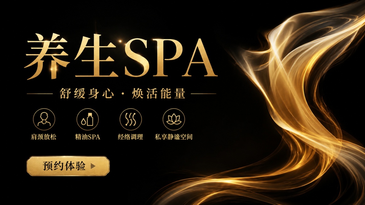 使用图一作为背景，保留图一黑色底加金色流动丝带渐变的纹理和色调，完全保留背景材质效果。参考图二的文案排版，生成16:9尺寸养生SPA轮播图。
[版式骨架]：保留参考图二的整体文字分区排版：主标题在左上预览效果