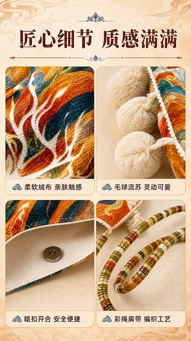 [商品] 使用【图5】毛球流苏细节、【图4】暗扣内衬细节、【图3】彩绳肩带细节、【图6】绒布包身面料；商品处理：保留绒布纹理、白色毛球流苏、金属暗扣、彩色编织肩带、白色内衬；增强绒面质感、毛球蓬松感、五金光泽和肩带编织细节，不改变材质和结构。
[画面] 目标：工艺细节展示页，2×2宫格展示四大细节。构图：上方标题区，下方2行2列宫格，每格一个细节特写，每格下方配短说明。景别：微距特写，每个细节占对应宫格70%。场景：浅米黄敦煌肌理背景，柔和侧光突出材质质感。阅读动线：顶部标题→四宫格细节（左上→右上→左下→右下）。
[视觉] 套系策略：风格=敦煌国潮复古商业摄影；标题字=国风宋体粗体，带轻微飞白装饰；正文字=简洁无衬线体；主色=暖橙赭石色；背景延展=基于暖橙赭石做深浅渐变、敦煌壁画肌理和沙漠质感；强调色=石青蓝，仅用于小面积图标、引线和标签；标题色=深赭石色；正文色=暖棕褐色；组件=圆角米黄信息卡、细线引线、敦煌纹样装饰边；光影=侧前暖柔光，突出材质纹理立体感。
[文字] 顶部主标题"匠心细节 质感满满"（8字）。四宫格分别标注：左上「柔软绒布 亲肤触感」，右上「毛球流苏 灵动可爱」，左下「暗扣开合 安全便捷」，右下「彩绳肩带 编织工艺」。文字均为横排，字号适中。
[规格] 图片比例9:16竖版，4K，负向提示：避免变形、错字、文字过小、冷蓝灰背景、材质失真、竖排文字。