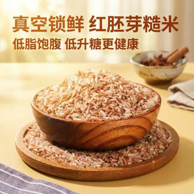 红胚芽糙米首图，亮眼吸睛拼多多风格。木碗装的红胚芽糙米居中，主体占比60%，背景为暖黄色田园餐桌场景，洒落几缕自然暖阳逆光，糙米颗粒通透有光泽。左上角悬浮文案主标题“真空锁鲜 红胚芽糙米”，副标题“低预览效果