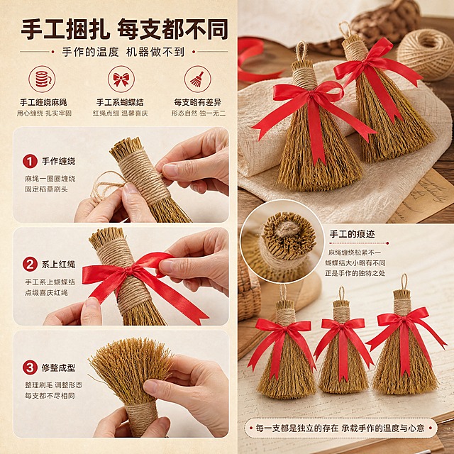 [商品] 使用【图3】【图4】稻草小毛刷捆红绳；保留稻草材质、棉红绳蝴蝶结、麻绳手柄、整体造型比例和颜色不变；商品处理：突出手工捆扎的不规则感与独特性。
[画面] 第6张·手工特色，目标讲述手工捆扎工艺故事。左右分栏构图，左侧为制作过程示意（手捆麻绳、系红绳蝴蝶结的手部动作特写），右侧为成品多角度展示。景别为中景+特写组合。背景为暖米色带手工工作台质感。阅读动线：从左工艺到右成品。至少3层环境元素。
[视觉] 套系策略：风格=温馨手作感商业摄影；标题字=阿里巴巴普惠体粗体；正文字=阿里巴巴普惠体常规体；主色=暖米杏色；背景延展=基于暖米杏做深浅层级、同色渐变和细腻麻布/纸张质感；强调色=正红色，仅用于小面积图标、引线和标签点缀；标题色=深棕褐色；正文色=中暖棕色；组件=圆角浅底信息卡、细线引线、圆点装饰；光影=左前侧暖柔光，柔和阴影。
[文字] 顶部主标题"手工捆扎 每支都不同"，副标题"手作的温度 机器做不到"，配3个特点：手工缠绕麻绳、手工系蝴蝶结、每支略有差异更显独特。文字区配合左右分布，不遮挡主体。所有文字横向排版。
[规格] 图片比例1:1正方形，4K，medium。避免变形、错字、文字过小、冷蓝/蓝灰背景、商品颜色改变、结构失真、极限词违禁词、小标致图案、天然环保原生态等词。