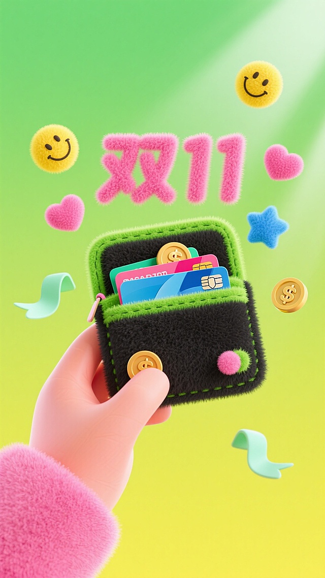 一个黑色毛绒质感的卡包内里是摊开朝着镜头的，包边为鲜绿色。一只粉红色的手从左侧下方伸出，拿着卡包，小包内露出多张银行卡，金币和爱心。卡包四周向心状悬浮着很多个元素：“双11”粉红色毛绒的艺术字紧挨着卡包，散落着3个黄色笑脸、2个粉色爱心和2个蓝色星星，3个浅绿色短飘带，突显个性化与潮流风格。渐变的荧光黄绿色为背景，营造出充满活力与现代感的视觉氛围。构图层次分明，色彩对比强烈，传达出轻松、年轻、时尚的生活方式与消费理念。