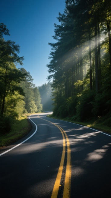 一条蜿蜒的沥青公路，路面有清晰的白色边线和黄色分隔线，道路两旁是茂密的森林，阳光透过树叶的缝隙洒在路面上，形成斑驳的光影，远处的天空呈现出深邃的蓝色，空气清新，充满了自然的气息，整体画面给人一种宁静、神秘且充满探索欲望的感觉，具有极高的写实主义摄影风格，光影运用自然柔和，色彩和谐统一，构图采用引导线手法，将观者视线引向道路深处。预览效果