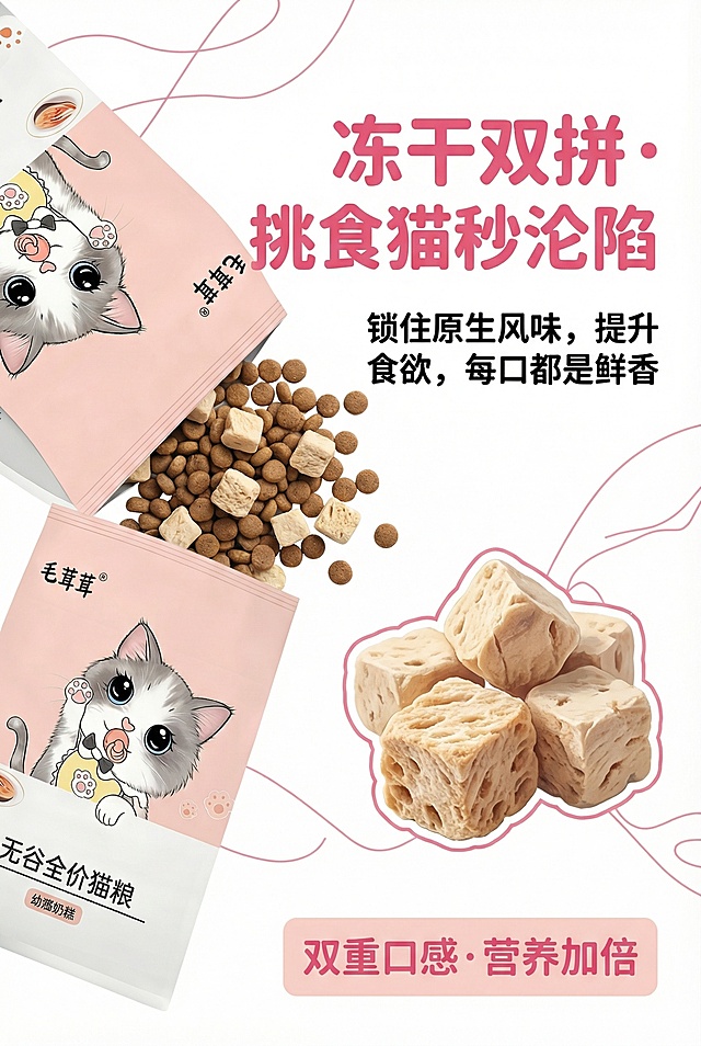中文提示词：2:3竖版，电商详情图卖点展示，严格还原上传的毛茸茸Fluffy幼猫奶糕猫粮包装，包括粉色（#FFC0CB）+白色（#FFFFFF）主色调、浅灰色（#E8E8E8）辅助色、LOGO位置等所有细节；产品外观必须与参考图完全一致，不得改变包装设计、配色方案或品牌元素；保持产品包装哑光质感，包装开口放置于画面左侧，露出内部猫粮与冻干双拼细节，同步特写冻干肉粒与猫粮颗粒（保持真实材质质感，冻干酥脆纹理、猫粮圆润颗粒清晰可见）。背景为纯白色，搭配粉色线条装饰，简约高级。排版为杂志风，右侧大面积区域：主标题“冻干双拼·挑食猫秒沦陷”用圆润可爱字体，粉色加粗，置于顶部；副标题“锁住原生风味，提升食欲，每口都是鲜香”用黑色字体，置于主标题下方；搭配冻干肉粒放大插画，做可视化设计。底部用浅粉色色块标注“双重口感·营养加倍”，字体圆润。整体视觉聚焦冻干细节，风格统一，卖点突出，质感逼真。
负面提示词：冻干与猫粮细节模糊、质感失真、产品包装开口错误、色值偏差、背景杂乱、卖点可视化不足、文字字体不统一、画面冗余、无2:3比例。