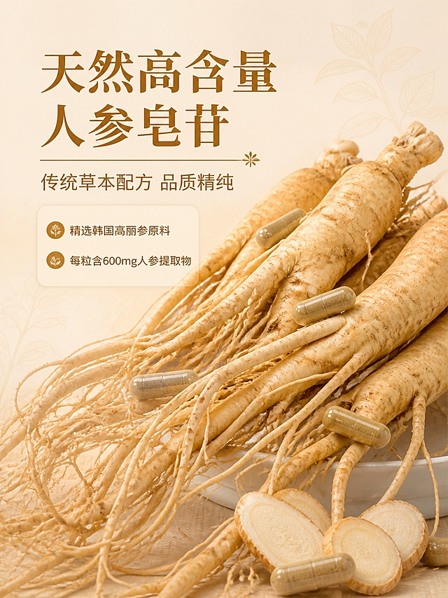 [商品] 使用【图7】人参原料与胶囊图；保留人参根须自然形态、胶囊外观、白色瓷盘，真实自然，不做过度美化。
[画面] 目标：成分/产地专张，突出人参皂苷丰富与传统草本配方，原料元素大且占主画面。构图：原料包围型，新鲜高丽参根满铺画面右下，占画面50%以上，参须舒展自然，胶囊散落在人参上；左上文字区。前中后景：前景人参切片+胶囊特写，中景人参主体，背景暖米色渐变+细腻草本纹理。
[视觉] 套系策略：风格=温暖自然草本高级商业摄影；标题字=粗衬线宋体（厚重有力）；正文字=简洁无衬线体；主色=米杏暖白；背景延展=基于米杏暖白做深浅渐变、同色层次和细腻哑光质感；强调色=金棕色，仅用于小面积图标、引线和重点高亮；标题色=深金棕色；正文色=中暖棕；组件=圆角浅底信息卡、细线引线；光影=左前侧暖柔光，人参表面真实纹理与光泽。
[文字] 左上文字区，横排排版。主标题：「天然高含量人参皂苷」（超大字号，深金棕色）；副标题：「传统草本配方 品质精纯」；下方2行说明：「• 精选韩国高丽参原料」「• 每粒含600mg人参提取物」。文字不遮挡人参主体。
[规格] 图片比例3:4竖版，4K，负向提示：避免变形、错字、文字过小、冷蓝/蓝灰背景、人参形态失真、医疗功效承诺、极限词。