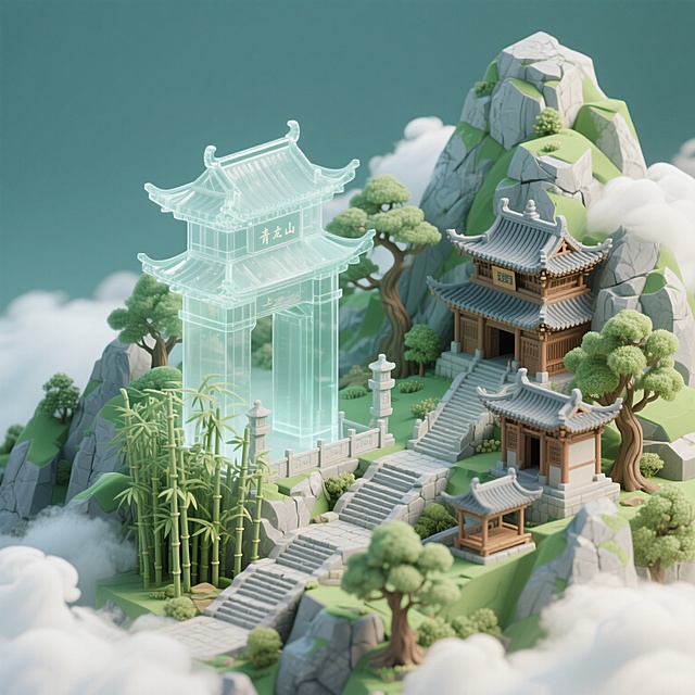 中式建筑与竹林交织，3D梦幻风格，清新超现实主义场景。