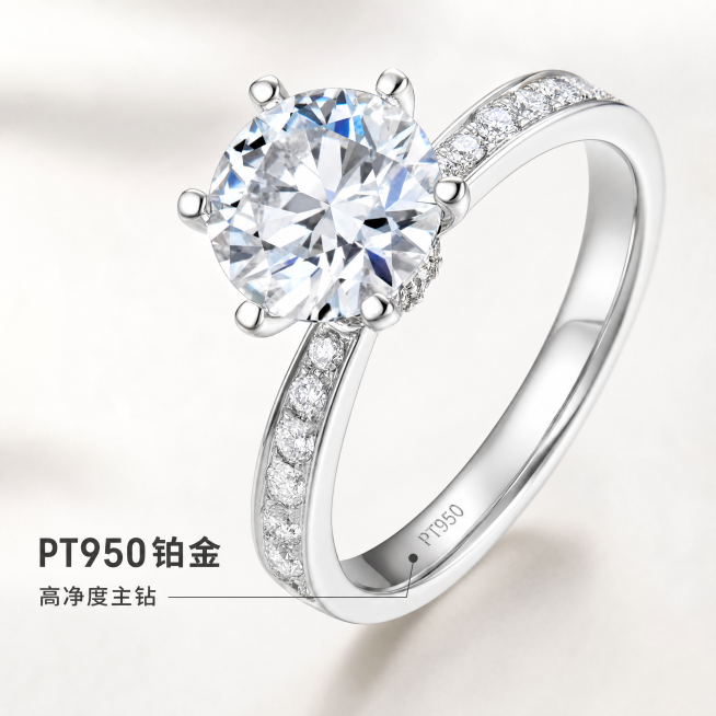 [主图-2] 铂金材质与镶嵌工艺特写，轻奢高级风浪漫简约商业质感珠宝摄影。
[氛围风格] 轻奢高级浪漫简约
[画质] 商业摄影质感、光线柔和通透、产品清晰真实、画面干净高级，4K分辨率
[元素] 钻戒预览效果