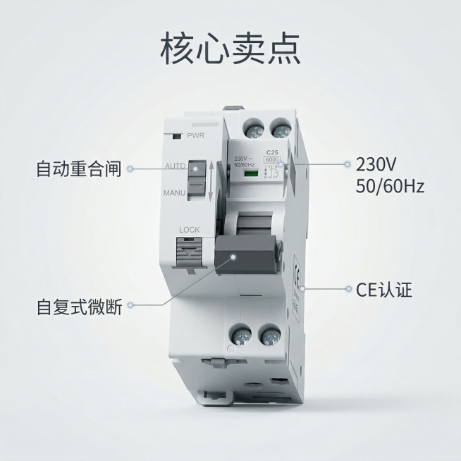 [主图 2] `[主图主题]` 智能断路器核心卖点展示
`[氛围/风格]` 简约严谨，科技专业，干净通透
`[画面元素]` 智能断路器主体居中，用极细的灰色科技感引线连接产品核心功能部位，每个引线末端预览效果