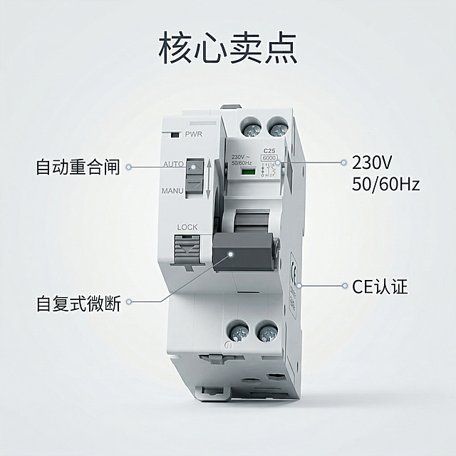 [主图 2] `[主图主题]` 智能断路器核心卖点展示
`[氛围/风格]` 简约严谨，科技专业，干净通透
`[画面元素]` 智能断路器主体居中，用极细的灰色科技感引线连接产品核心功能部位，每个引线末端带浅灰色光点定位，分别标注对应功能。产品外观和参考图保持一致，背景为干净的浅灰色渐变背景。
`[配色色系]` 主色调：浅灰；辅助色：深灰文字，产品本身的灰白配色
`[视角构图]` 正平视拍摄，主体清晰，背景全屏无边框
`[文字版式]` 主标题 "核心卖点"，引线标注功能："自动重合闸"、"自复式微断"、"CE认证"、"230V 50/60Hz"，文字为无衬线细体深灰色，严格对应物理位置，不遮挡主体。整体简洁专业，卖点清晰。
`[分辨率]` 2k分辨率
