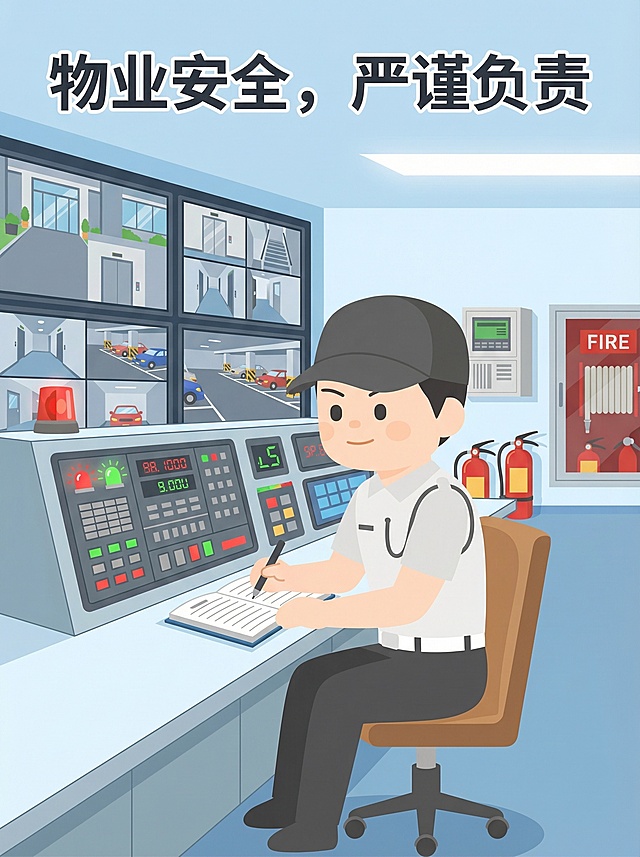 请帮我出一张关于物业安全员在指挥中心消防主机登记的工作场景图，海报风格以动漫形式（使用提供的ip形象）海报尺寸A3。