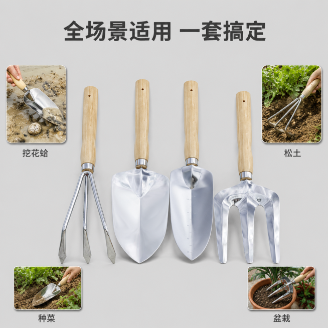[主图 2] 赶海工具核心亮点展示图
[氛围风格] 专业品质展示风格，简洁清晰
[画质] 商业摄影质感、光线均匀通透、产品细节清晰真实、画面干净高级。
[元素] 四件赶海工具整体居中展示，保留产品原始预览效果