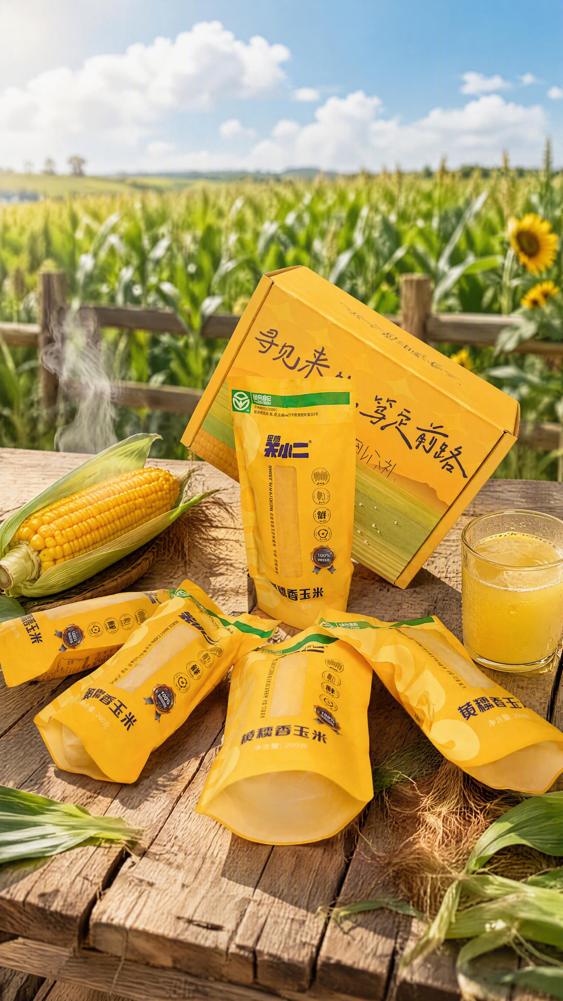 超写实食品场景摄影。 主体：黄色礼盒装糯玉米（含黄色外盒与多袋… - 图片创意预览