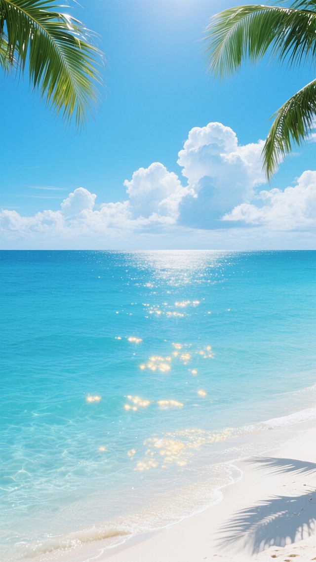 超写实摄影风格，明亮通透的夏日氛围，纯净的渐变蓝色天空点缀着蓬松的白色积云，波光粼粼的广阔海面呈现从浅蓝到深蓝的自然过渡，海水清澈见底，可见细密的水波荡漾，阳光在水面洒下耀眼的金色光斑，画面右下角可见部分细腻柔软的白色沙滩，沙滩上有清晰的棕榈叶阴影，左上角和右上角各有几片翠绿的棕榈叶自然垂落形成边框，整体构图开阔舒展，色彩清新明快，光影对比强烈，营造出宁静惬意的热带海滨景象。