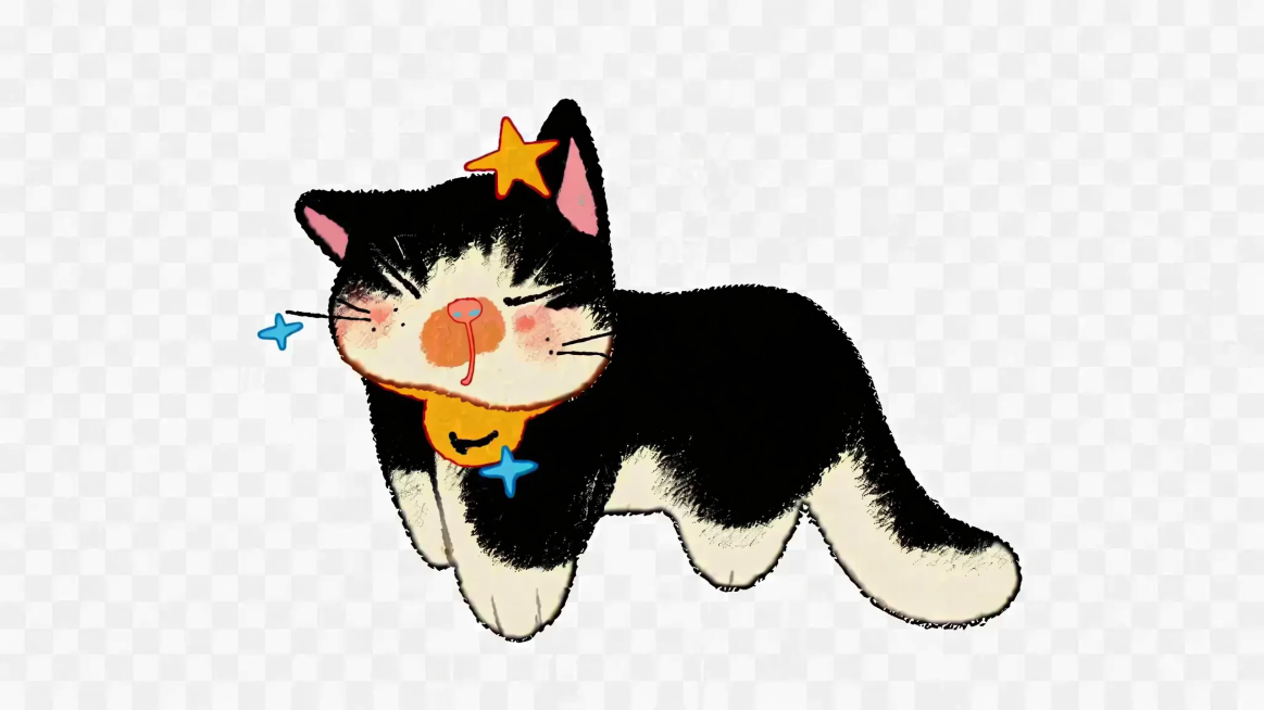 将猫咪身上所有的深色毛发修改为纯黑色，保持猫咪原有的动作、神态、身体轮廓和所有装饰不变预览效果