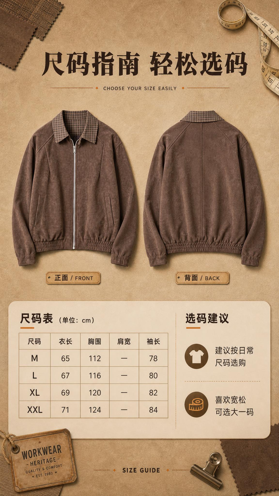 [商品] 使用【图1】棕咖色复古麂皮绒翻领夹克；商品处理：保留… - 图片创意预览