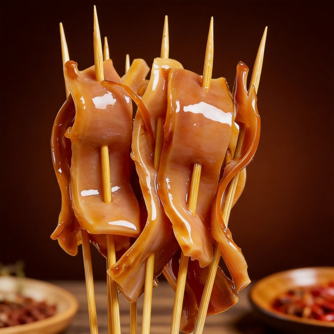 卤味猪肠头串烧烤食材，烤串串在竹签上，深棕色美食风背景，突出食物诱人Q弹质感，电商主图，适合淘宝平台预览效果