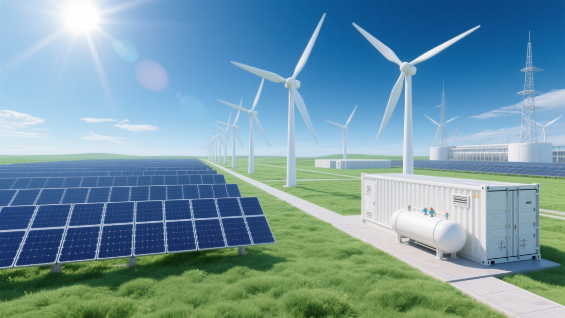 3D渲染风格新能源发电场全景，主色调为深蓝、亮白与鲜绿，明亮阳光从左上方照射，形成清晰阴影与高光，展现平滑材质与写实光影效果。画面中央为旋转的白色风力发电机群，前景左侧是深蓝色太阳能电池板阵列，右侧为白色储能集装箱与储气瓶，整体构图平衡对称，视觉引导线从近处绿色草地延伸至远方发电设施，传达科技感与绿色能源主题。预览效果