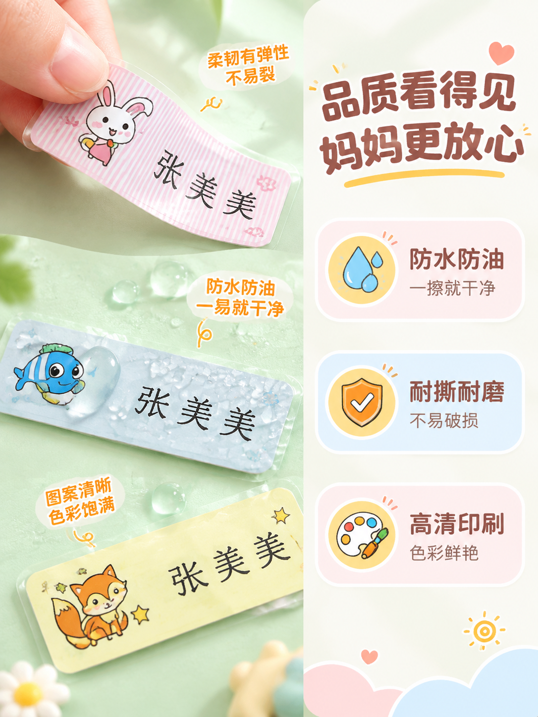 [详情页-3] 细节与品质，展示姓名贴的材质工艺细节，解决妈妈… - 图片创意预览