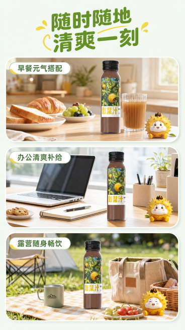 [第6屏] 多场景种草-刺梨汁日常饮用场景展示。本屏使用【图3】产品主体。
风格：清新生活方式，多场景拼图自然温馨。
布局：采用竖向三段拼图版式，从上到下分别展示：早餐搭配面包、办公桌面下午茶、户外露预览效果