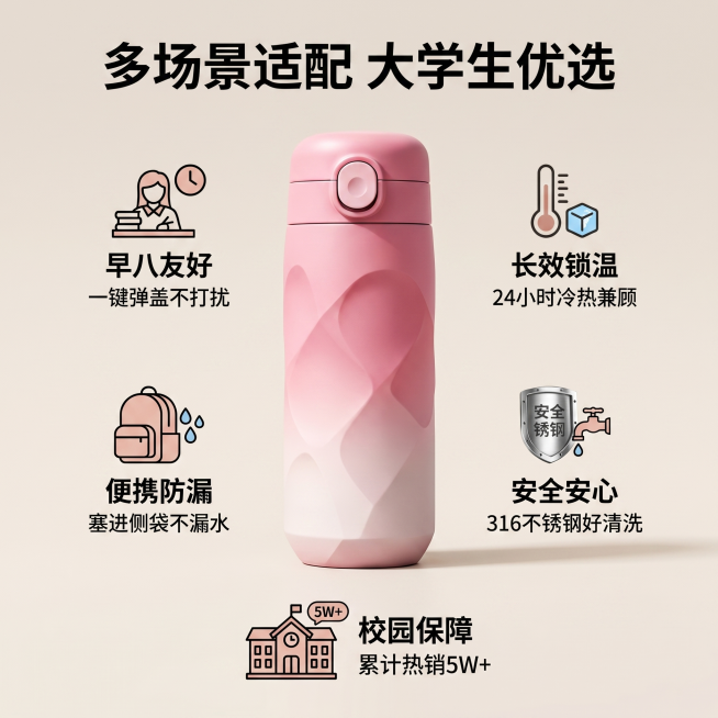 [主图 2] 郑软便携式保温杯核心卖点展示图。[氛围风格] 延续青春校园干净活力风格。[画质] 商业摄影质感，光线柔和通透，产品清晰真实，画面干净高级。[元素] 粉色渐变保温杯居中放置，周围环绕展示五预览效果