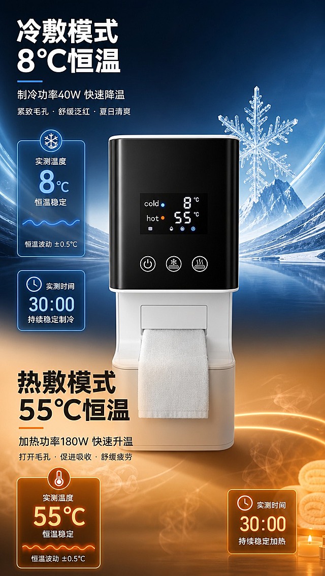 [商品] 使用【图1】MJ2-2冷热双温毛巾机；保留产品结构、数显面板、按键、黑白配色；数显面板上cold温度显示为8℃（按用户要求从16℃改为8℃），hot温度保持55℃；产品正面展示，突出数显屏幕。
[画面] 目标：第5张核心功能实测页，可视化展示加热与制冷双温恒温性能；构图：竖版9:16，上下分两区，上半区制冷实测（冷蓝色调），下半区加热实测（暖橙色调），产品居中跨两区；前中后景：前景温度数据标签，中景产品主体+出巾口毛巾示意，后景上下双色渐变背景；阅读动线上下对比阅读。
[视觉] 套系策略：风格=深色科技轻奢家电商业摄影；标题字=现代无衬线粗黑体；正文字=简洁无衬线中黑体；主色=炭黑+珍珠白；背景延展=上半区冷冰蓝渐变、下半区暖橙金渐变，中间产品处自然过渡；强调色=冷冰蓝（制冷）+暖橙金（加热），仅用于小面积图标、引线、光效和标签；标题色=上半区白/下半区深炭黑；正文色=浅灰/深灰对应；组件=发光温度数据卡、温度计图标、时间进度条；光影=上下双色光源打光，突出产品立体感。
[文字] 上半区主标题「冷敷模式 8℃恒温」，副标题「制冷功率40W 快速降温」，配「紧致毛孔·舒缓泛红·夏日清爽」；下半区主标题「热敷模式 55℃恒温」，副标题「加热功率180W 快速升温」，配「打开毛孔·促进吸收·舒缓疲劳」；中间产品屏幕清晰显示cold 8℃ / hot 55℃。
[规格] 图片比例9:16竖版，4K分辨率，负向提示：避免cold温度显示错误（必须为8℃）、产品变形、错字、文字竖排、颜色失真、文字过小、屏幕数字模糊。