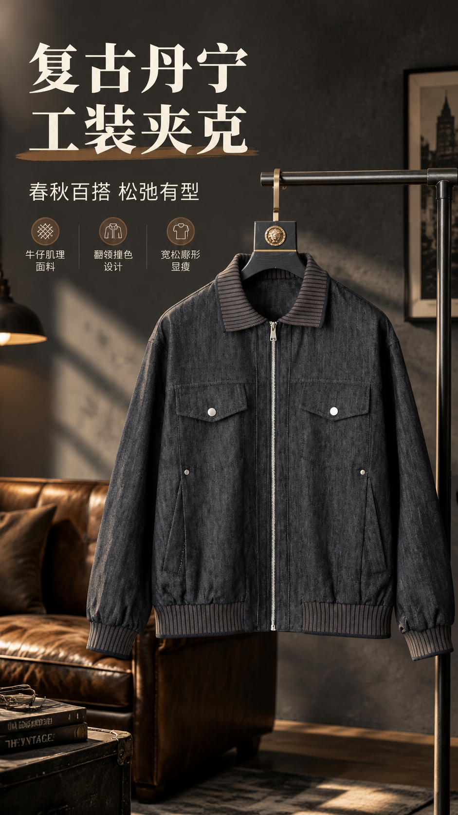 [商品] 使用【图1】深灰牛仔翻领拉链夹克；商品处理：保留翻领… - 图片创意预览