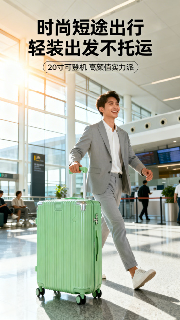 登机箱详情页第二屏，9:16竖版，延续清新果绿色调。顶部主文案“耐用品质 无惧磕碰”，副标题“PC防刮箱体 金属坚固拉杆”。画面中心是果绿色登机箱展示，左侧拆分展示箱体竖条纹哑光PC材质防刮耐磨细节、预览效果