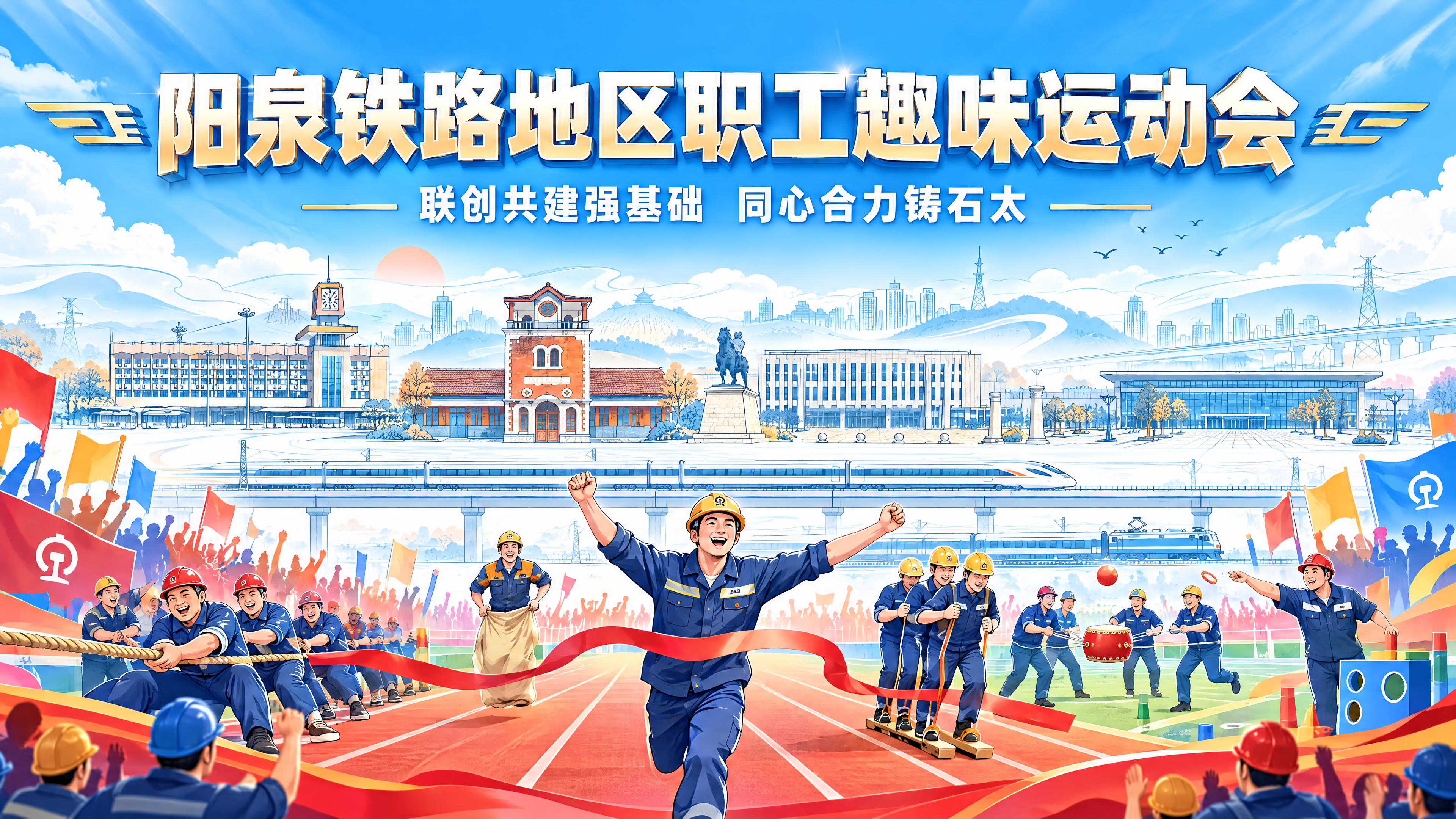 以这张铁路线描场景图作为背景，设计一幅「阳泉铁路地区职工趣味运… - 图片创意预览