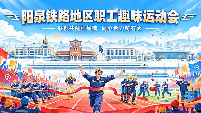 以这张铁路线描场景图作为背景，设计一幅「阳泉铁路地区职工趣味运动会」主题展板背景（16:9横版4K），大气庄重、符合体制单位风格、大赛级设计水准。

【背景层】保留图中的矢量线描铁路场景（四个车站建筑轮廓、双层铁路与列车、时光流速线与云气山峦），整体降低对比度作为大背景铺底，与浅蓝天空自然衔接，保留线描质感与铁路时光意境。

【主标题】画面上部居中大字：「阳泉铁路地区职工趣味运动会」，字体端庄稳重、白色/金色立体字带浅蓝描边，字号最大、醒目大气，两侧配对称铁路路徽式装饰线。

【副标题】主标题下方居中：「联创共建强基础  同心合力铸石太」，白色小号庄重字体，与主标题形成层级，两侧配水平装饰金线。

【运动会元素】底部与中景加入趣味运动会元素：红色塑胶跑道与终点冲刺带、拔河绳与两队职工、齐心协力木板鞋、袋鼠跳、同心鼓、投掷项目、欢腾的彩旗与欢呼人群剪影；铁路职工形象穿工装、戴安全帽，动作幽默生动；点缀铁轨、信号灯、列车元素与运动会旗帜。

【配色】整体淡蓝色与天蓝色渐变天空（上深下浅），白色云层与光束放射感，点缀少量金色线条与红色跑道/彩旗，清爽明快又不失庄重。

【版式】上部标题区、中部背景线描与飘带、下部运动场景与人群，左右留安全边距，画面大气对称、层次分明，文字清晰排列整齐；矢量+微立体混合，线条干净，专业展板背景水准，4K

【文字锁定】画面必须准确呈现：「阳泉铁路地区职工趣味运动会」「联创共建强基础  同心合力铸石太」，不得错字、漏字或编造其他标语文字