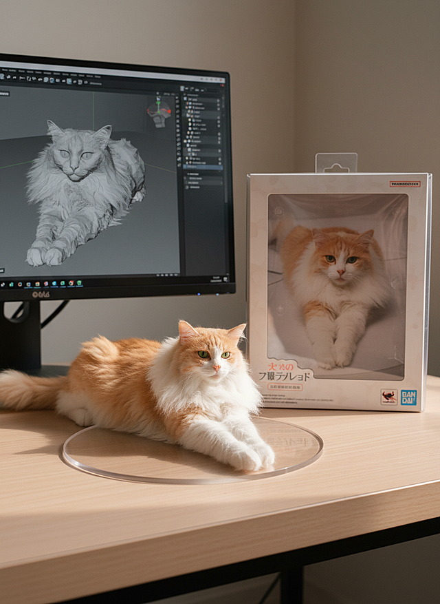 现代感3D角色设计，科技风毛发生长效果，逼真猫咪模型展示。