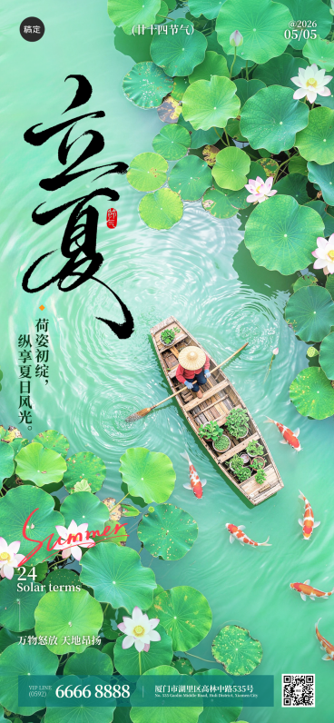 立夏节气夏天荷花祝福全屏竖版海报预览效果