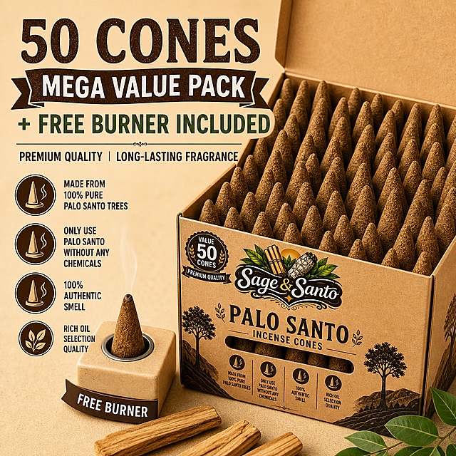 Amazon e-commerce main image, 1:1 square, value comparison showcase. The 50-piece Palo Santo incense cone set displayed with the box open, showing abundant cones neatly arranged inside, plus a free ceramic burner. Visual emphasis on quantity and value. Bold English text: "50 Cones Mega Value Pack + Free Burner Included". Smaller text: "Premium Quality | Long-Lasting Fragrance". Clean warm beige background, professional product photography, all text in English.