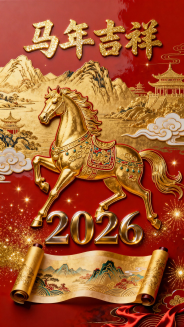 2026马年新年主题竖版海报，以大红色渐变背景为主，画面上方有金色书法字体书写的"马年吉祥"主标题，字体带有金粉质感与立体浮光效果。画面中央是一匹金色奔马，采用传统国潮风格，用金色渐变、金箔粉点和简化预览效果