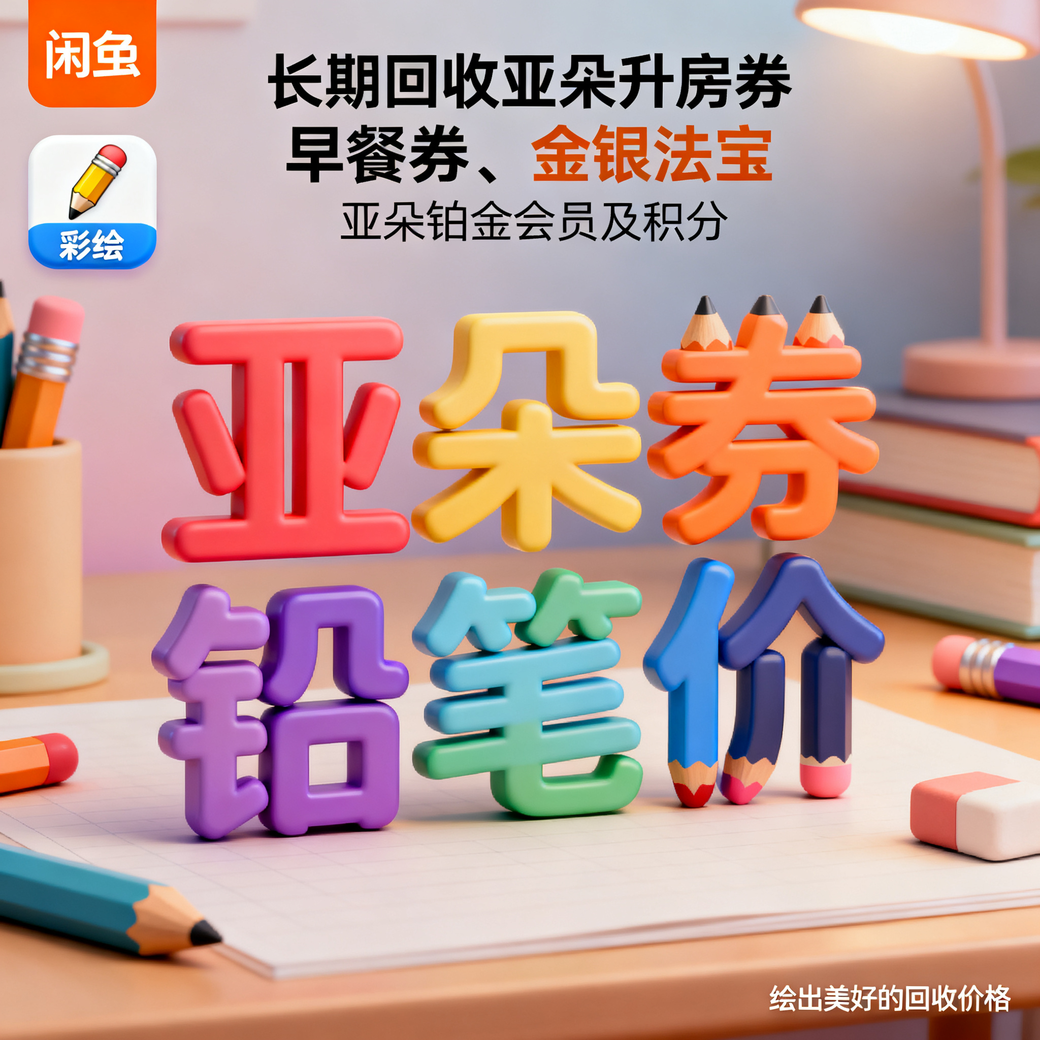 软3D风格，闲鱼大字封面，主题为长期回收亚朵升房券早餐券金银法… - 图片创意预览