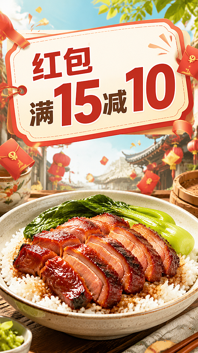 叉烧饭广告宣传图，清新明亮色调，热闹促销活动氛围，背景丰富差异化，无人物，画面正上方预留文案位置，正下方展示叉烧饭产品实物，正上方文案区域设计标签形式背景，文案内容是"红包满15减10"，粗体设计字体，排版错落有致，放大突出数字"15"和"10"利益点，整体清新有食欲，9:16竖版构图