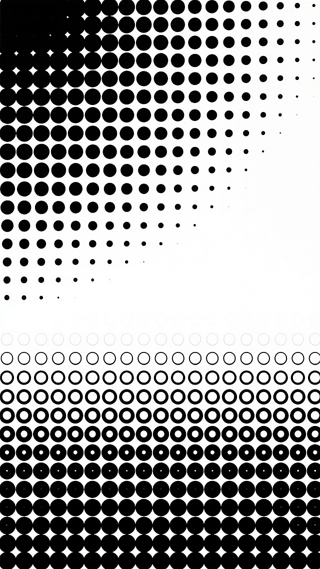 黑白渐变半色调圆点图案，由密集排列的黑色圆点组成，顶部圆点从左至右由深到浅逐渐过渡为白色，底部圆点从左至右由浅到深逐渐过渡为黑色，圆点大小均匀，排列整齐有序，形成对称的渐变效果，背景为纯白色，整体呈现出简洁、现代的设计感，具有强烈的视觉冲击力和韵律感。