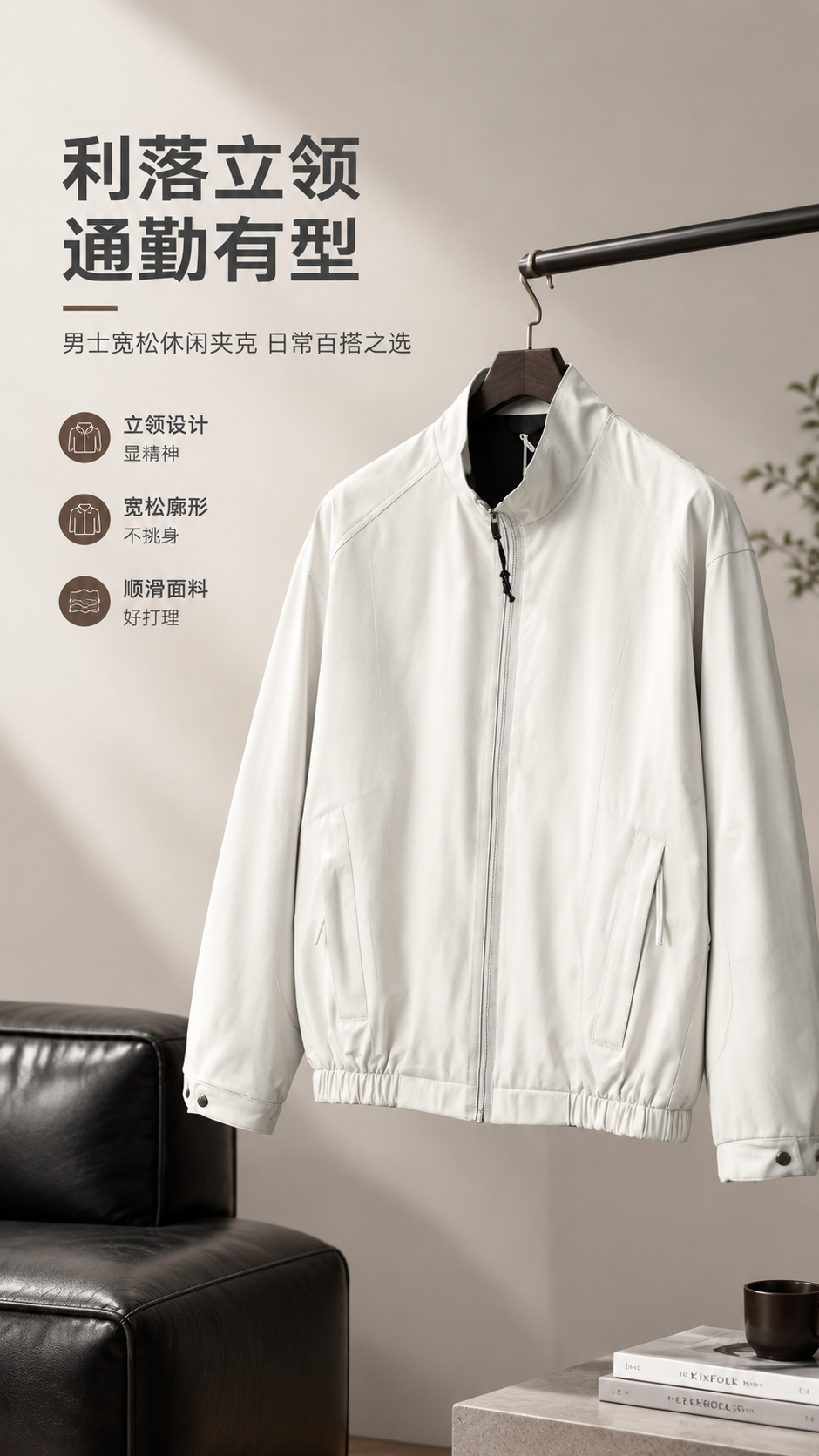 [商品] 使用【图1】米白色男士立领宽松夹克；商品处理：保留立… - 图片创意预览