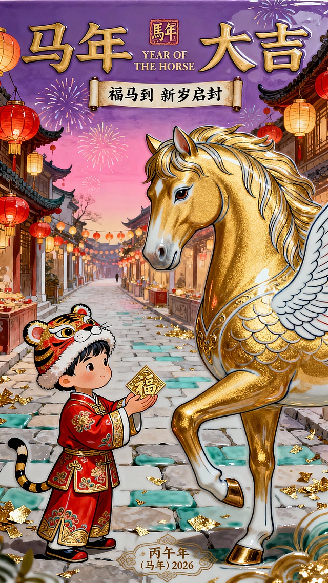 一匹巨大的金色神马（占据画面右侧大半部分，马身散发着神圣的暖金色光辉，展开透明羽翼、马头微侧、鬃毛随晚风飘逸），眼神温柔地注视着左下角灵动的古装小男孩（身着红金刺绣汉服，头戴虎头帽，双手捧着烫金福字恭敬递向马）。背景为张灯结彩的古风灯会街巷，青石板路散落红灯笼与金箔碎屑，远处是梦幻的粉紫色渐变天空、绽放的烟花，动态感与互动感拉满，极致的大小对比。顶部文案组合设计（极具设计感的艺术字大标题 “马年 大吉” 中间穿插英文 “YEAR OF THE HORSE”，旁边装饰印章 “馬年”，下面卷轴文本框的正文 “福马到 新岁启封”），底部有设计感的小巧装饰文案 “丙午年（马年）2026”，潮流个性的排版