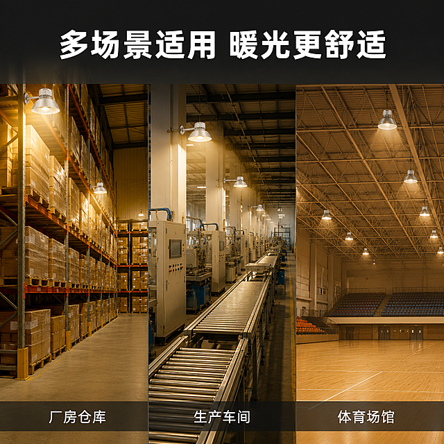 [主图-4] 主题：LED工矿灯多场景应用展示，体现暖光照明在不同工业场景中的适配性。
[统一基调] 工业风专业品质感，深灰与暖橙配色，主标题白色粗体无衬线字，辅助字浅灰色，强调色暖橙色，简洁硬朗工业风卡片与图标样式。
[画面] 采用三格横向拼图版式，每格展示一个应用场景，均为暖光照明效果。左格：厂房仓库场景，高大的仓库空间，货架整齐排列，工矿灯安装在墙面，暖光照亮货物通道，氛围温暖明亮。中格：车间生产场景，工厂流水线旁，工矿灯提供充足暖光照明，工作区域清晰可见。右格：体育馆/大型室内空间场景，高顶空间，多盏工矿灯提供均匀暖光照明。每格下方标注场景名称。产品灯具在每个场景中都保持与原图一致的外观结构和银灰色材质。
[光影质感] 真实场景摄影质感，每个场景的暖光照明效果自然真实，光线投射方向合理，地面和物体有真实的光照与阴影，灯具与场景融合自然，无悬浮感。
[配色] 三个场景均以暖黄色调为主，环境色为各自场景的自然色彩，整体色调统一温暖，标注文字白色，场景名称背景为半透明深灰色。
[文字版式] 顶部主标题"多场景适用 暖光更舒适"白色粗体大字居中。每格图片底部有半透明深灰色条，白色文字标注场景名称："厂房仓库"、"生产车间"、"体育场馆"。文字清晰不遮挡主体。
[输出要求] 1:1正方形比例，2K高清，场景真实自然，灯具融入感好。负向：灯具变形、场景虚假、透视错误、悬浮感、文字错字、水印、平台Logo。