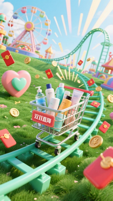 主视觉为装满水、乳、洁面等护肤品产品的购物车在薄荷绿色过山车轨道上快速滑行，购物车上写“双11直降”，背景包含摩天轮、游乐设施。草地上有心型立体装饰物。很多红包和金币在购物车旁呈放射性从远处向屏幕前来预览效果